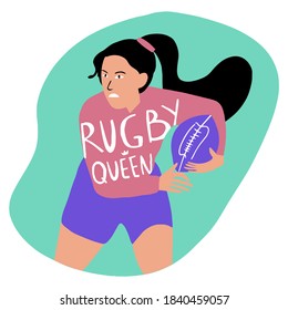 Rugby queen illustration. Female rugby slogan, quote. Woman playing rugby.