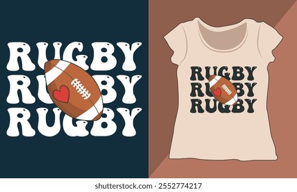 Rugby Retro Groovy Typography Tee shirt Graphic, Trendy Football Player Vector, American Football Shirt Design, Game Day Vector Design for Print