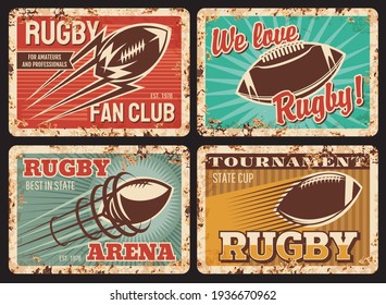 Rugby rusty metal plates, vector vintage cards with ball in motion and trail. American football sports equipment, city fun club rust tin signs. College, university rugby competition retro posters set