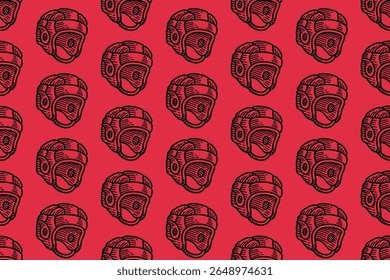 rúgbi cap doodle padrão no fundo vermelho. papel de parede de padrão sem emenda de chapelaria de proteção. vintage esporte capacete repetir o fundo do motivo para impressões têxteis, branding, esporte temático mercadoria.