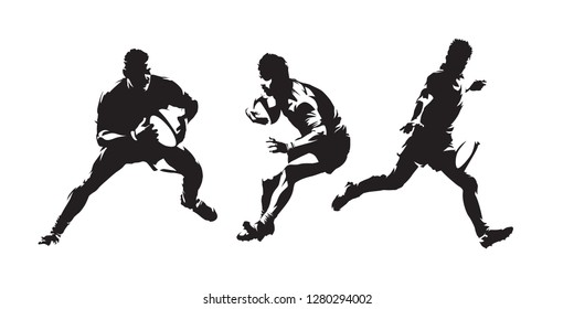 Rugby, set of rugby players isolated vector silhouettes. Abstract ink drawings. Team sport