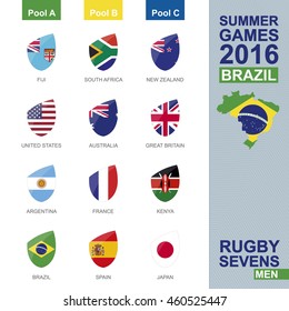 Rugby Sevens Men, Summer Games. All Pools, All Flag. Vector Illustration.