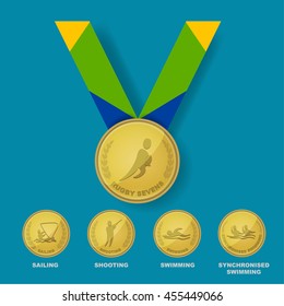 Rugby sevens sport icon on gold medal award with Brazilian color theme designed of ribbon and isolate of sailing, shooting, swimming and synchronised swimming sport icons in vector illustration