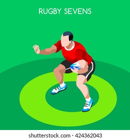 Rugby Sevens Sportsman Games Icon Set. 3D Isometric Player Athlete. Sporting Championship People Rugby Match Competition. Sport Infographic events Rugby Sevens Vector Illustration.