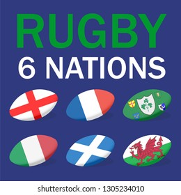 Rugby six nations card with balls and flags of France, England, Italy, Ireland, Scotland and Wales. Vector illustration.