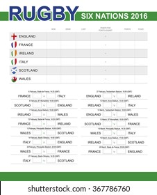 Rugby Six Nations Championship 2016. Schedule, all matches, time and place. 6 Flag, England, France, Ireland, Italy, Scotland, Wales. Vector Illustration.