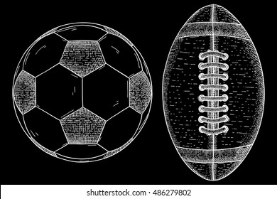 Rugby and soccer ball. Sketch. Outline vector illustration on black background