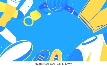 Rugby sport design elements. Sport equipment on blue background