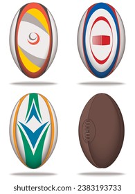 rugby sport league and union, set of four balls including a vintage ball isolated on a white background