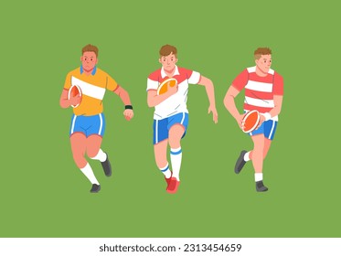 Jugador deportivo de Rugby en el juego de acción llevando bola y corriendo