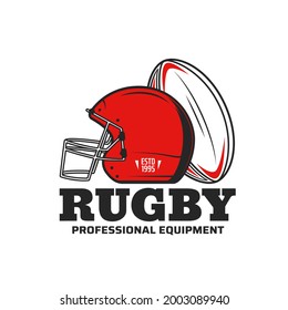 Rugby Sport Vector Icon With Rugby Football Game Ball And Scrum Cap Or Helmet. Team Player Equipment Or Sporting Items Isolated Symbol Of Sport Club, Championship Match Or Sporting Competition Design