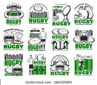 Rugby sport vector icons. American football game isolated signs professional player equipment ball, helmet, boots, gloves and jersey, play field. Rugby sport symbols stadium and referee whistles set