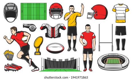 Rugby sport vector icons. American football game isolated signs professional player run with ball, helmet, boots, gloves and jersey, play field. Rugby sport symbols stadium and referee whistles set