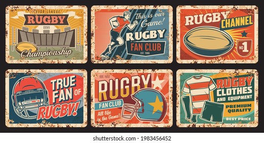 Rugby sport vector rusty metal plates, player run with ball, helmet, uniform, play field. American football sports equipment rust tin signs. College, university competition rugby stadium posters set