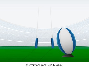 Rugby stadium with ruby ball and goal posts. Vector sport background. 