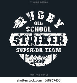 Rugby striker emblem. Graphic design for t-shirt. White print on black  background
