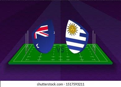 Rugby team Australia vs Uruguay on rugby field. Sport vector template.