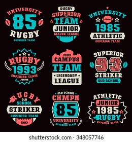 Rugby team badges. Graphic design for t-shirt. Color print on black  background