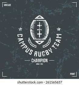 Rugby team ball emblem in retro style. Graphic design for t-shirt. White  print on a dark background