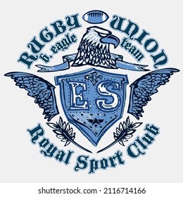El escudo de armas del equipo de rugby con un águila como mascota. Concepto de ilustración de mascota de águila de goma. Escudo de armas para un equipo de rugby con cabeza de águila y alas.