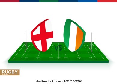 Rugby team England vs Ireland on green rugby field, England and Ireland team in rugby championship.