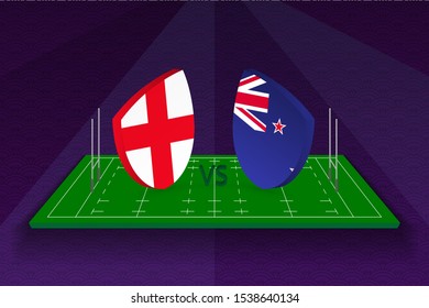 Rugby team England vs New Zealand on rugby field. Sport vector template.