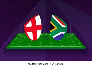 Rugby team England vs South Africa on rugby field. Sport vector template.