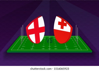 Rugby team England vs Tonga on rugby field. Sport vector template.