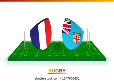 Rugby team France vs Fiji on rugby field. Vector template.
