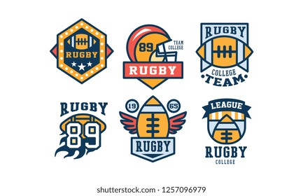 Rugby team logo design set, vintage college league, sport club emblem or badge vector Illustration