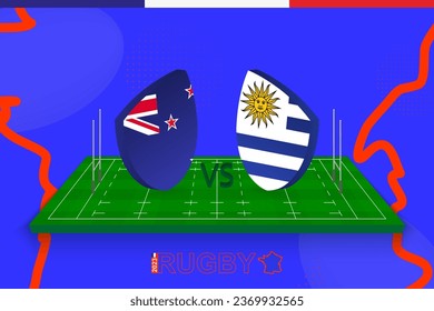 Rugby team New Zealand vs Uruguay on rugby field. Rugby stadium on abstract background for international championship. Vector template.