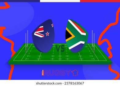 Rugby team New Zealand vs South Africa on rugby field. Rugby stadium on abstract background for Final of international championship. Vector template.