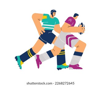 Rugby team player running with ball, flat cartoon vector illustration isolated on white background. Rugby football team sport game with an oval ball.