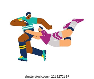 Jugadores de equipo de rugby en movimiento, ilustración vectorial de dibujos animados planos aislados en fondo blanco. Personajes del equipo de rugby de caricatura para emblemas y afiches.