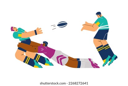 Rugby team players on the move throwing the ball, flat cartoon vector illustration isolated on white background. Cartoon sportsman characters for rugby match.