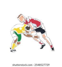 Rugby, team sport athletes, line art isolated vector drawing illustration. Two players