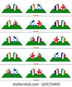 Rugby team Wales, Italy, Ireland, Scotland, France, England on green rugby field, teams in rugby championship.