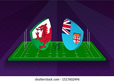 Rugby team Wales vs Fiji on rugby field. Sport vector template.