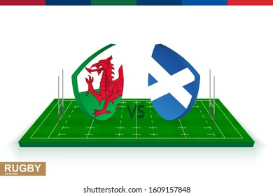 Rugby team Wales vs Scotland on green rugby field, Wales and Scotland team in rugby championship.