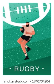 A Rugby template for a poster or invitation to a Rugby tournament. A Rugby player attacks with the ball in his hands. Vector illustration of mixed sports