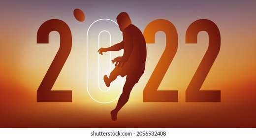 Rugby themed sport concept for a 2022 greeting card, showing a rugby player taking off to turn a tryout.