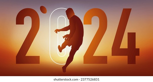 Rugby themed sport concept for a 2024 greeting card, showing a rugby player taking off to turn a tryout.