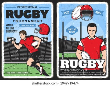 Rugby tournament, American football sport posters, vector vintage. Rugby football league, varsity and college team championship, live broadcast, rugby player captain of half-back with ball