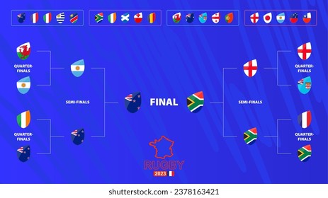 Rugby tournament bracket with flags of Final participants. Rugby competition 2023 schedule on abstract background. Vector illustration.