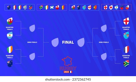 Rugby tournament bracket with flags of Quarter-final participants. Rugby competition 2023 schedule on abstract background. Vector illustration.