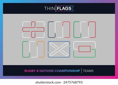 Rugby Tournament: Editable Country Thin Flags Icon Set. 6 nations Rugby Union Flags