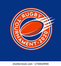 Rugby Tournament logo. Ball in the circle with letters. Rugby ball like comet.