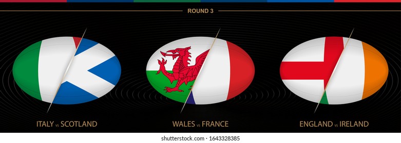 Rugby Tournament round 3, three matches. Ball shaped rugby icon on black background. Vector template.