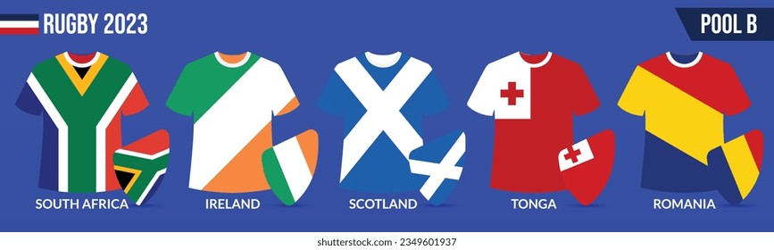 Rugby T-Shirt Jerseys with flag of pool B. Creative Vector Illustration. 
