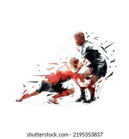 Rugby, two players in action, low polygonal isolated vector illustration, geometric drawing from triangles. Team sport athletes